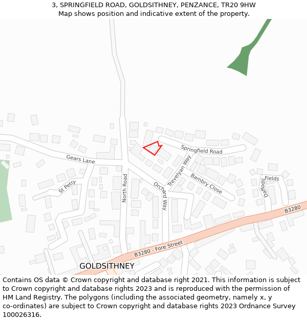 3, SPRINGFIELD ROAD, GOLDSITHNEY, PENZANCE, TR20 9HW: Location map and indicative extent of plot