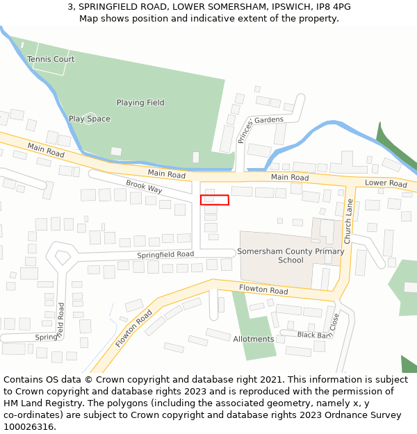 3, SPRINGFIELD ROAD, LOWER SOMERSHAM, IPSWICH, IP8 4PG: Location map and indicative extent of plot