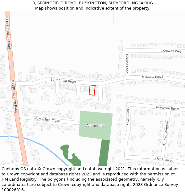 3, SPRINGFIELD ROAD, RUSKINGTON, SLEAFORD, NG34 9HG: Location map and indicative extent of plot
