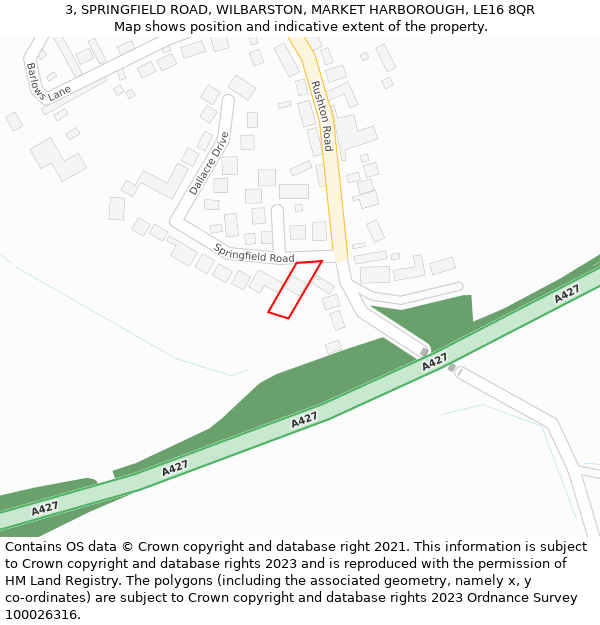 3, SPRINGFIELD ROAD, WILBARSTON, MARKET HARBOROUGH, LE16 8QR: Location map and indicative extent of plot