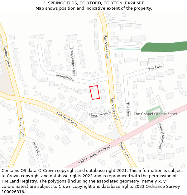 3, SPRINGFIELDS, COLYFORD, COLYTON, EX24 6RE: Location map and indicative extent of plot