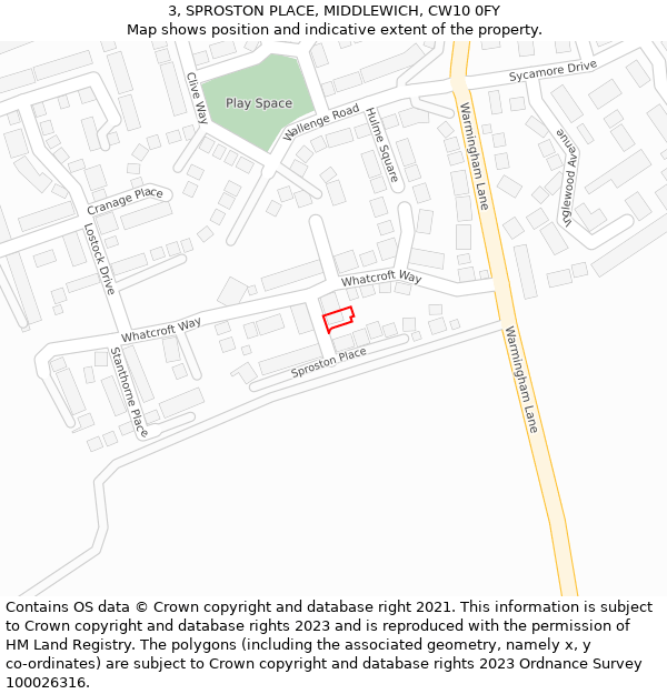 3, SPROSTON PLACE, MIDDLEWICH, CW10 0FY: Location map and indicative extent of plot