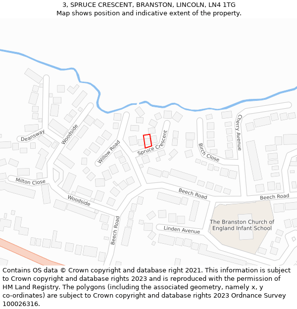 3, SPRUCE CRESCENT, BRANSTON, LINCOLN, LN4 1TG: Location map and indicative extent of plot