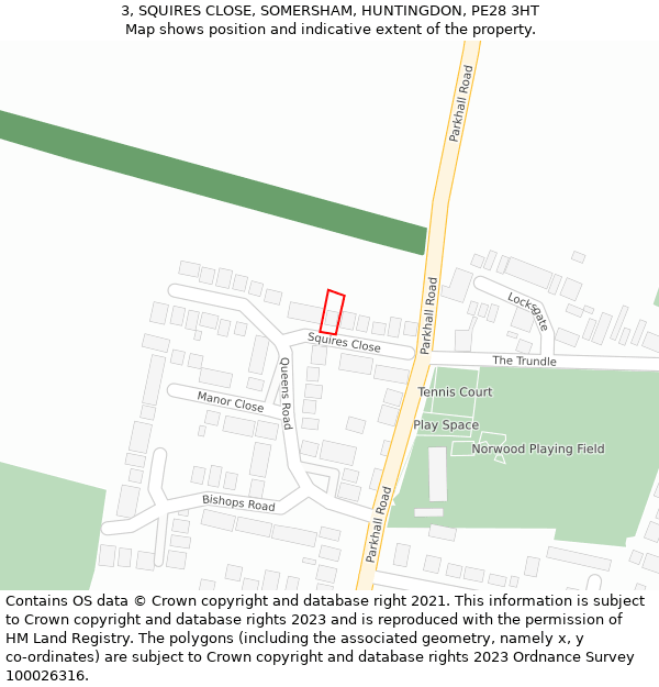 3, SQUIRES CLOSE, SOMERSHAM, HUNTINGDON, PE28 3HT: Location map and indicative extent of plot