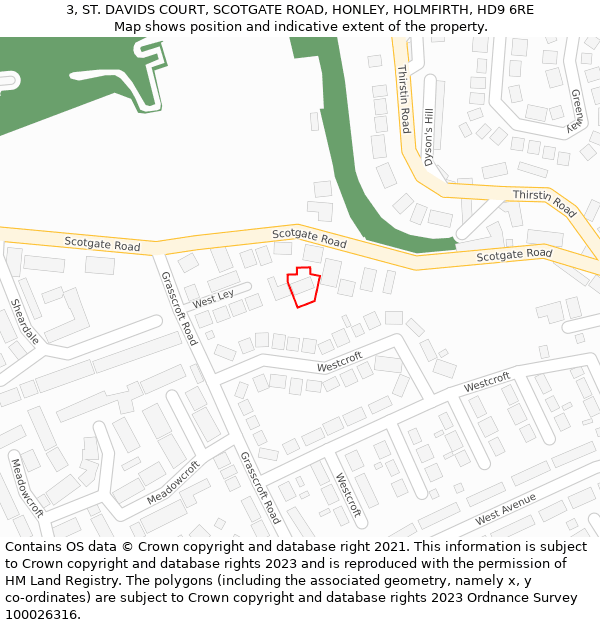 3, ST. DAVIDS COURT, SCOTGATE ROAD, HONLEY, HOLMFIRTH, HD9 6RE: Location map and indicative extent of plot