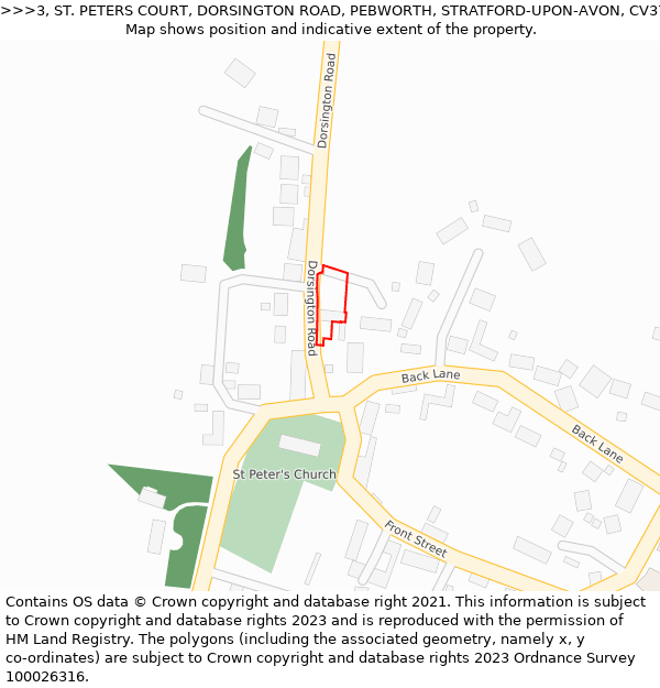 3, ST. PETERS COURT, DORSINGTON ROAD, PEBWORTH, STRATFORD-UPON-AVON, CV37 8UL: Location map and indicative extent of plot