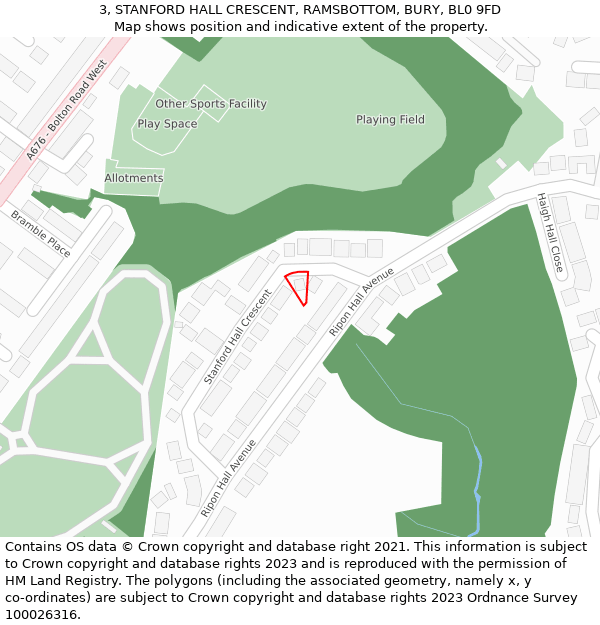 3, STANFORD HALL CRESCENT, RAMSBOTTOM, BURY, BL0 9FD: Location map and indicative extent of plot