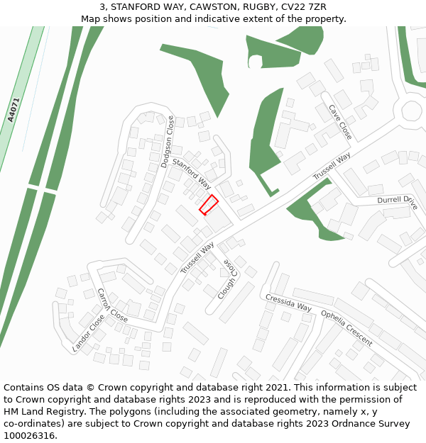 3, STANFORD WAY, CAWSTON, RUGBY, CV22 7ZR: Location map and indicative extent of plot