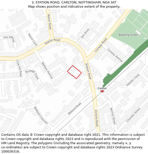 3, STATION ROAD, CARLTON, NOTTINGHAM, NG4 3AT: Location map and indicative extent of plot