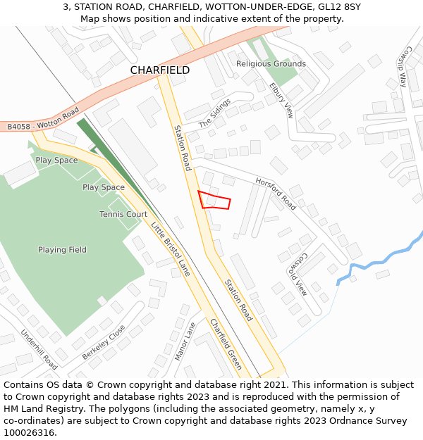 3, STATION ROAD, CHARFIELD, WOTTON-UNDER-EDGE, GL12 8SY: Location map and indicative extent of plot