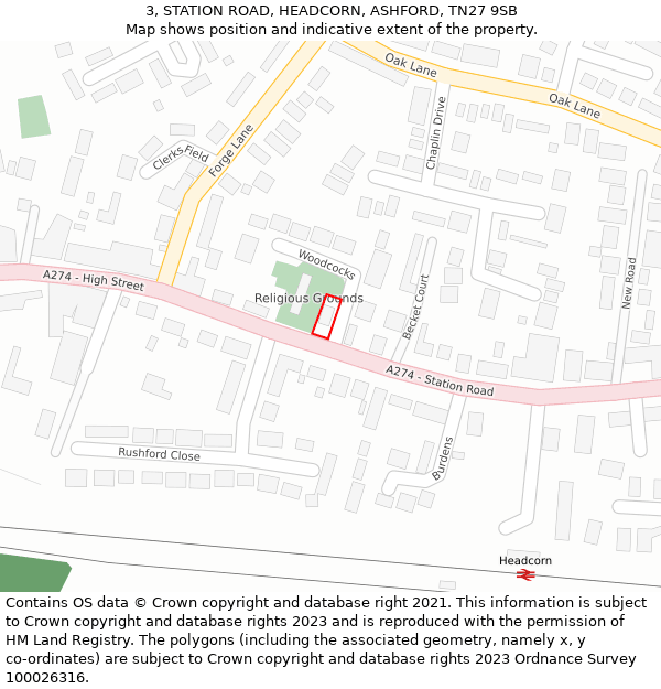 3, STATION ROAD, HEADCORN, ASHFORD, TN27 9SB: Location map and indicative extent of plot