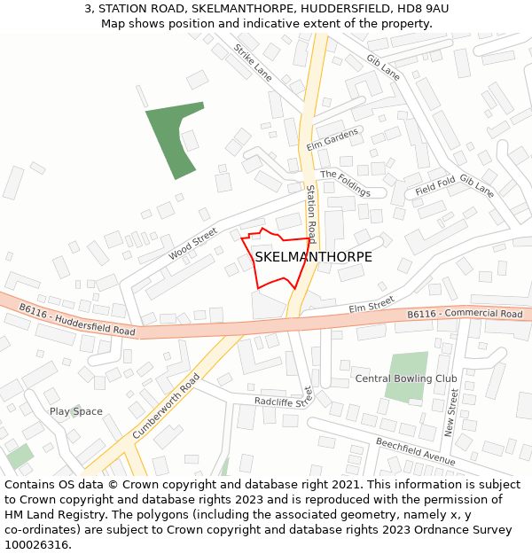 3, STATION ROAD, SKELMANTHORPE, HUDDERSFIELD, HD8 9AU: Location map and indicative extent of plot