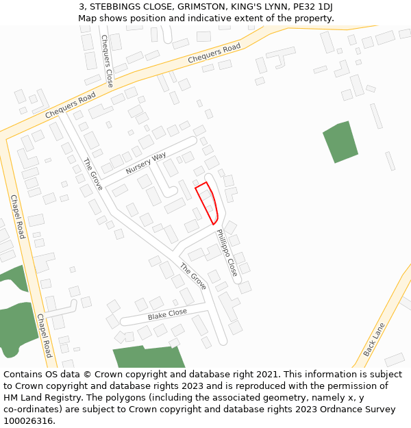 3, STEBBINGS CLOSE, GRIMSTON, KING'S LYNN, PE32 1DJ: Location map and indicative extent of plot