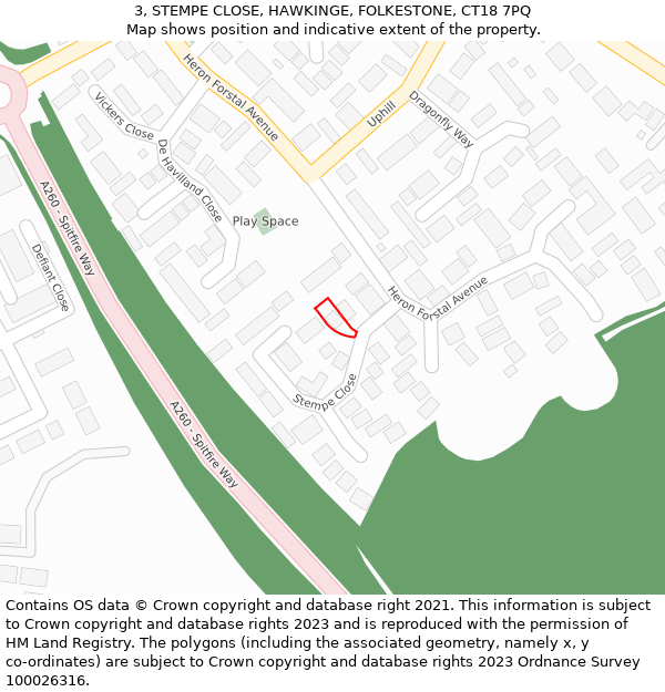 3, STEMPE CLOSE, HAWKINGE, FOLKESTONE, CT18 7PQ: Location map and indicative extent of plot