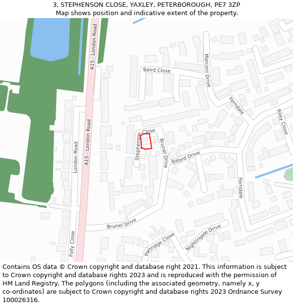 3, STEPHENSON CLOSE, YAXLEY, PETERBOROUGH, PE7 3ZP: Location map and indicative extent of plot