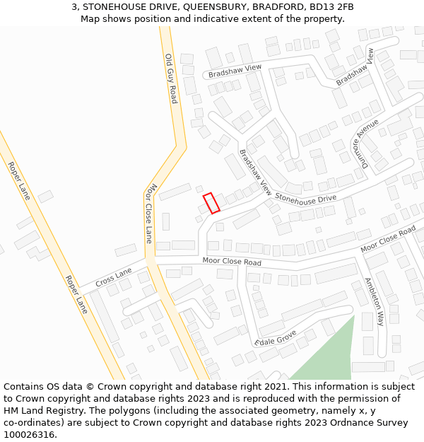 3, STONEHOUSE DRIVE, QUEENSBURY, BRADFORD, BD13 2FB: Location map and indicative extent of plot