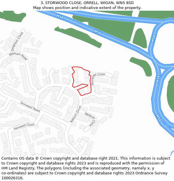 3, STORWOOD CLOSE, ORRELL, WIGAN, WN5 8SD: Location map and indicative extent of plot