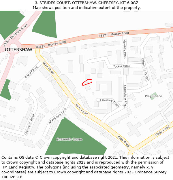 3, STRIDES COURT, OTTERSHAW, CHERTSEY, KT16 0GZ: Location map and indicative extent of plot