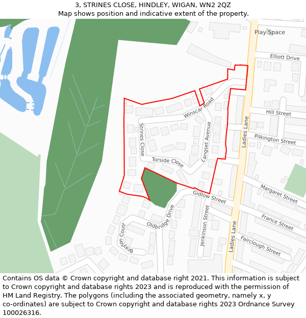 3, STRINES CLOSE, HINDLEY, WIGAN, WN2 2QZ: Location map and indicative extent of plot