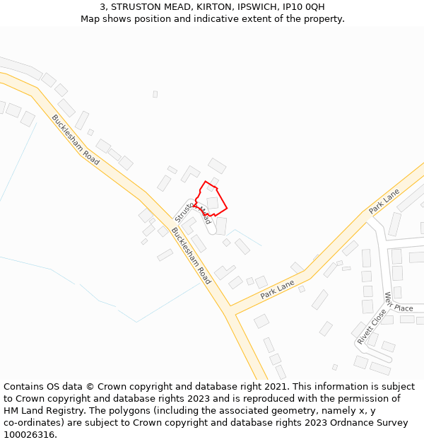 3, STRUSTON MEAD, KIRTON, IPSWICH, IP10 0QH: Location map and indicative extent of plot