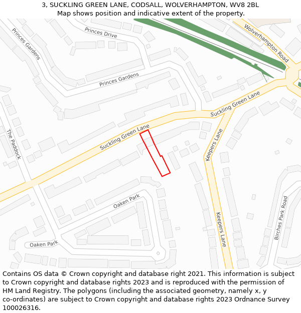 3, SUCKLING GREEN LANE, CODSALL, WOLVERHAMPTON, WV8 2BL: Location map and indicative extent of plot
