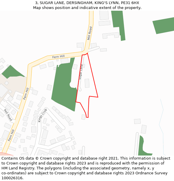 3, SUGAR LANE, DERSINGHAM, KING'S LYNN, PE31 6HX: Location map and indicative extent of plot