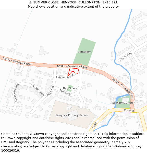 3, SUMMER CLOSE, HEMYOCK, CULLOMPTON, EX15 3PA: Location map and indicative extent of plot