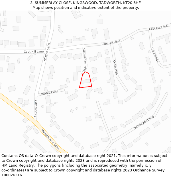 3, SUMMERLAY CLOSE, KINGSWOOD, TADWORTH, KT20 6HE: Location map and indicative extent of plot