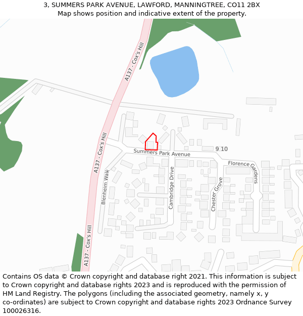 3, SUMMERS PARK AVENUE, LAWFORD, MANNINGTREE, CO11 2BX: Location map and indicative extent of plot