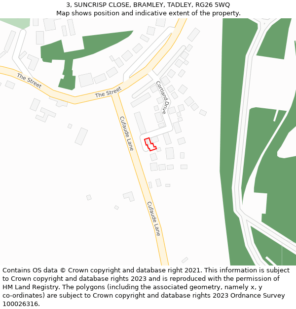 3, SUNCRISP CLOSE, BRAMLEY, TADLEY, RG26 5WQ: Location map and indicative extent of plot