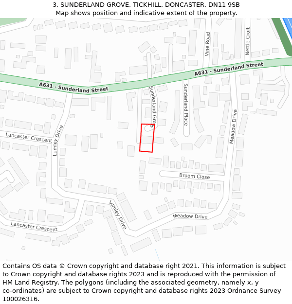 3, SUNDERLAND GROVE, TICKHILL, DONCASTER, DN11 9SB: Location map and indicative extent of plot