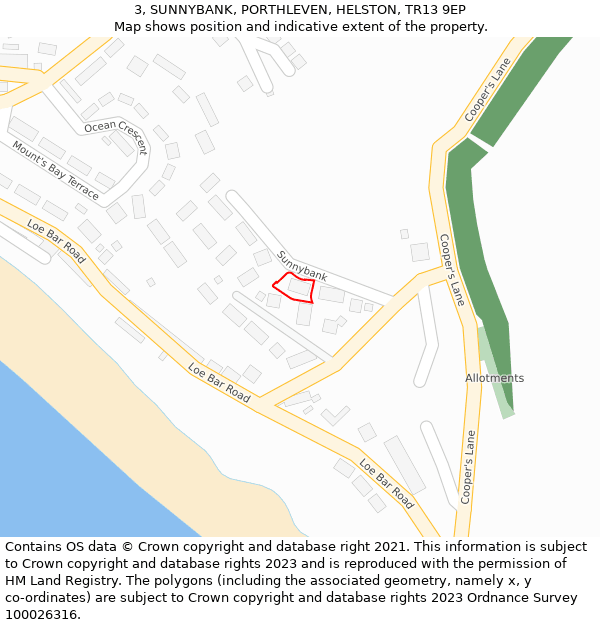 3, SUNNYBANK, PORTHLEVEN, HELSTON, TR13 9EP: Location map and indicative extent of plot