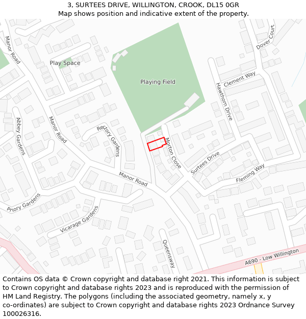 3, SURTEES DRIVE, WILLINGTON, CROOK, DL15 0GR: Location map and indicative extent of plot