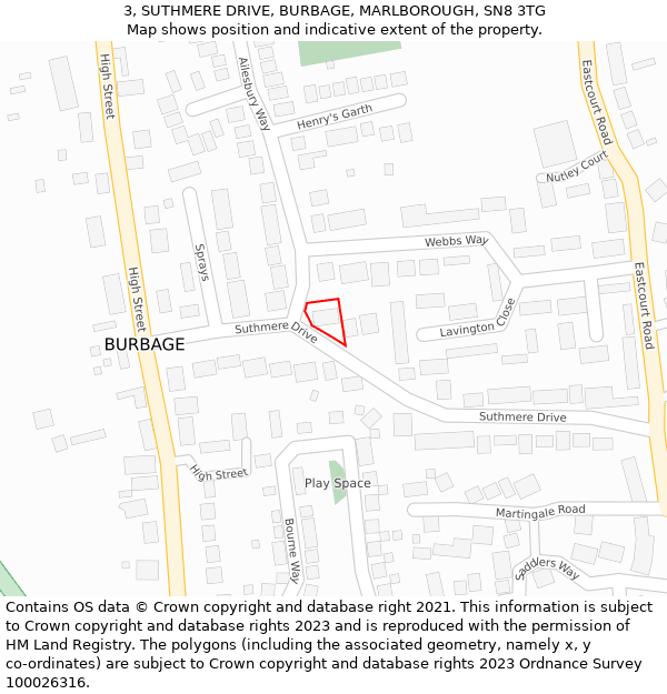 3, SUTHMERE DRIVE, BURBAGE, MARLBOROUGH, SN8 3TG: Location map and indicative extent of plot