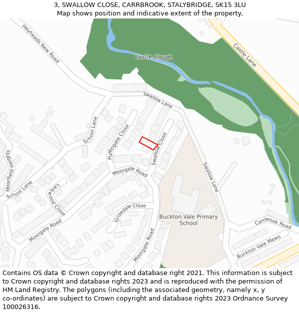 3, SWALLOW CLOSE, CARRBROOK, STALYBRIDGE, SK15 3LU: Location map and indicative extent of plot