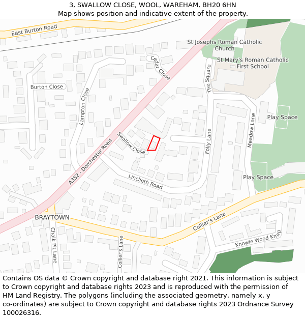 3, SWALLOW CLOSE, WOOL, WAREHAM, BH20 6HN: Location map and indicative extent of plot