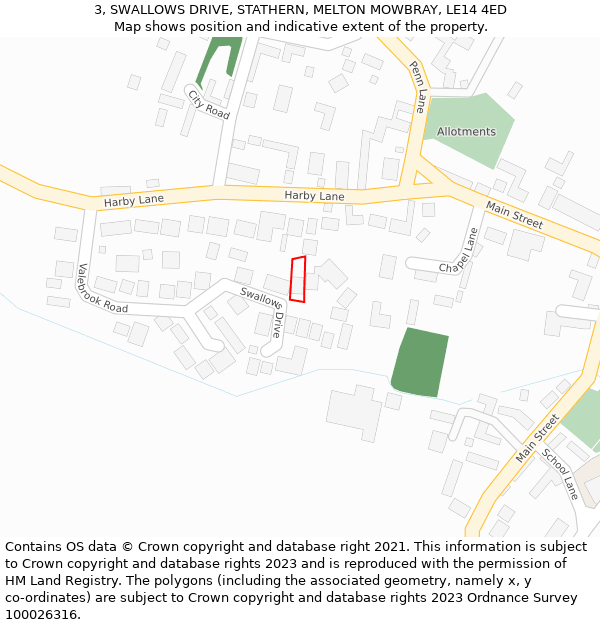 3, SWALLOWS DRIVE, STATHERN, MELTON MOWBRAY, LE14 4ED: Location map and indicative extent of plot