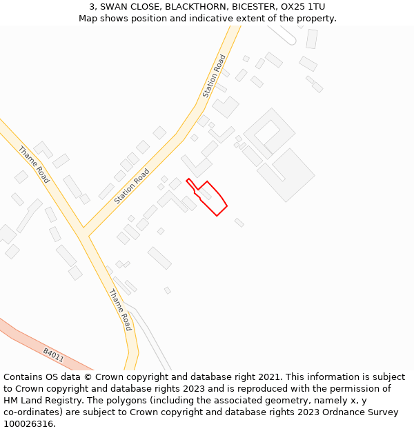 3, SWAN CLOSE, BLACKTHORN, BICESTER, OX25 1TU: Location map and indicative extent of plot