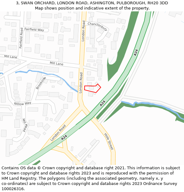 3, SWAN ORCHARD, LONDON ROAD, ASHINGTON, PULBOROUGH, RH20 3DD: Location map and indicative extent of plot