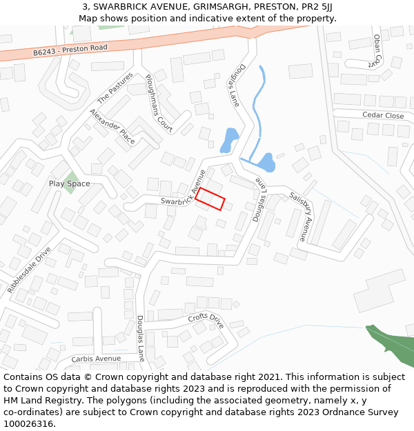 3, SWARBRICK AVENUE, GRIMSARGH, PRESTON, PR2 5JJ: Location map and indicative extent of plot