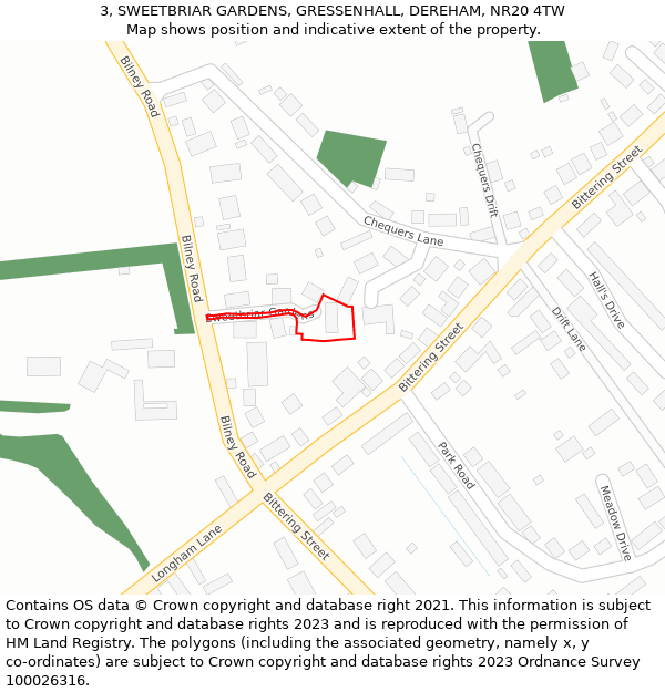 3, SWEETBRIAR GARDENS, GRESSENHALL, DEREHAM, NR20 4TW: Location map and indicative extent of plot