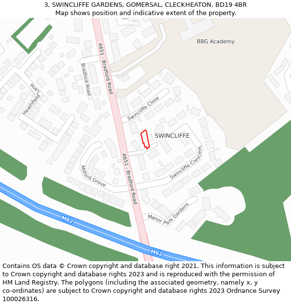 3, SWINCLIFFE GARDENS, GOMERSAL, CLECKHEATON, BD19 4BR: Location map and indicative extent of plot