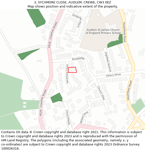 3, SYCAMORE CLOSE, AUDLEM, CREWE, CW3 0EZ: Location map and indicative extent of plot