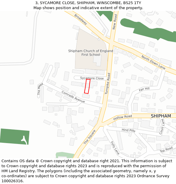 3, SYCAMORE CLOSE, SHIPHAM, WINSCOMBE, BS25 1TY: Location map and indicative extent of plot