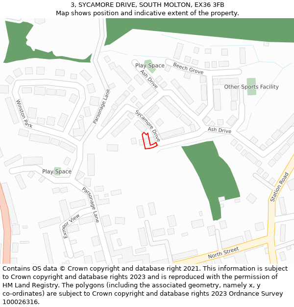 3, SYCAMORE DRIVE, SOUTH MOLTON, EX36 3FB: Location map and indicative extent of plot