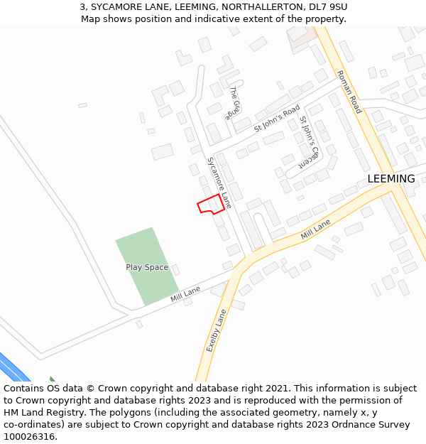 3, SYCAMORE LANE, LEEMING, NORTHALLERTON, DL7 9SU: Location map and indicative extent of plot