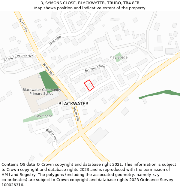 3, SYMONS CLOSE, BLACKWATER, TRURO, TR4 8ER: Location map and indicative extent of plot