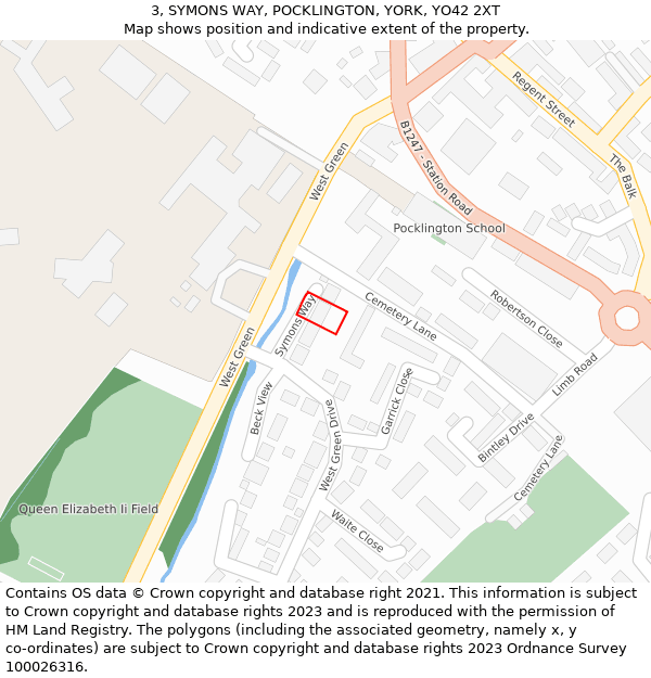 3, SYMONS WAY, POCKLINGTON, YORK, YO42 2XT: Location map and indicative extent of plot