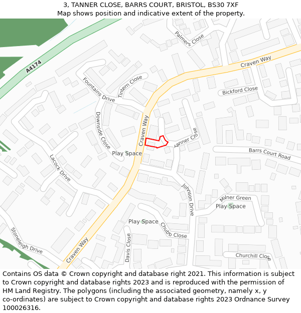 3, TANNER CLOSE, BARRS COURT, BRISTOL, BS30 7XF: Location map and indicative extent of plot