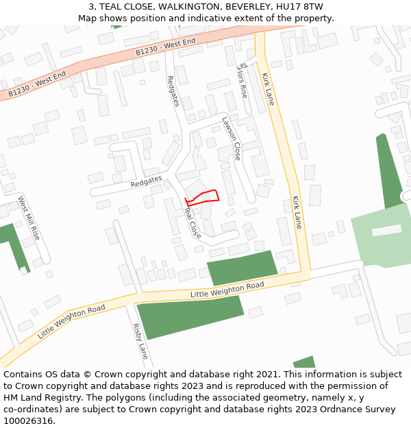 3, TEAL CLOSE, WALKINGTON, BEVERLEY, HU17 8TW: Location map and indicative extent of plot